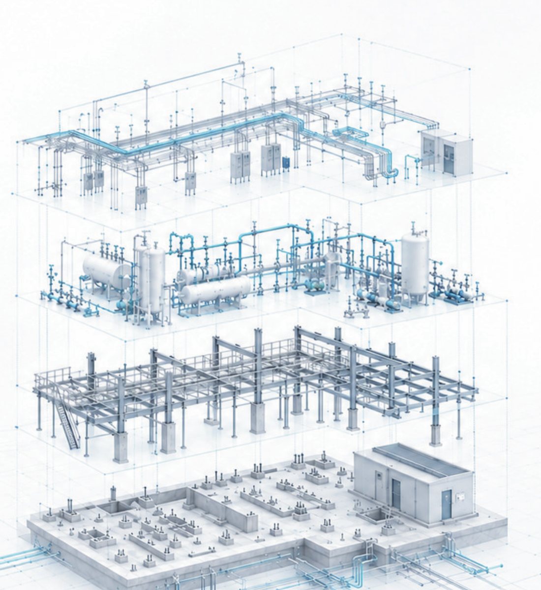 Exploded view of a coordinated multidiscipline plant model — foundations, structural steel, process equipment and piping